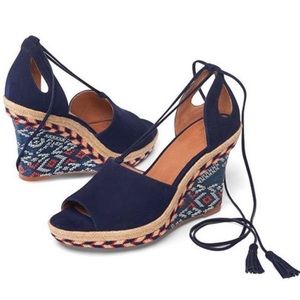 CAbi Navy Blue Wedge Sandals with Patterned Design